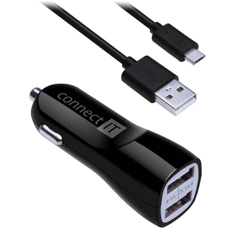 Adaptér do auta Connect IT PREMIUM, 2x USB, 3.1A 1A micro USB kabel 0,25m černý