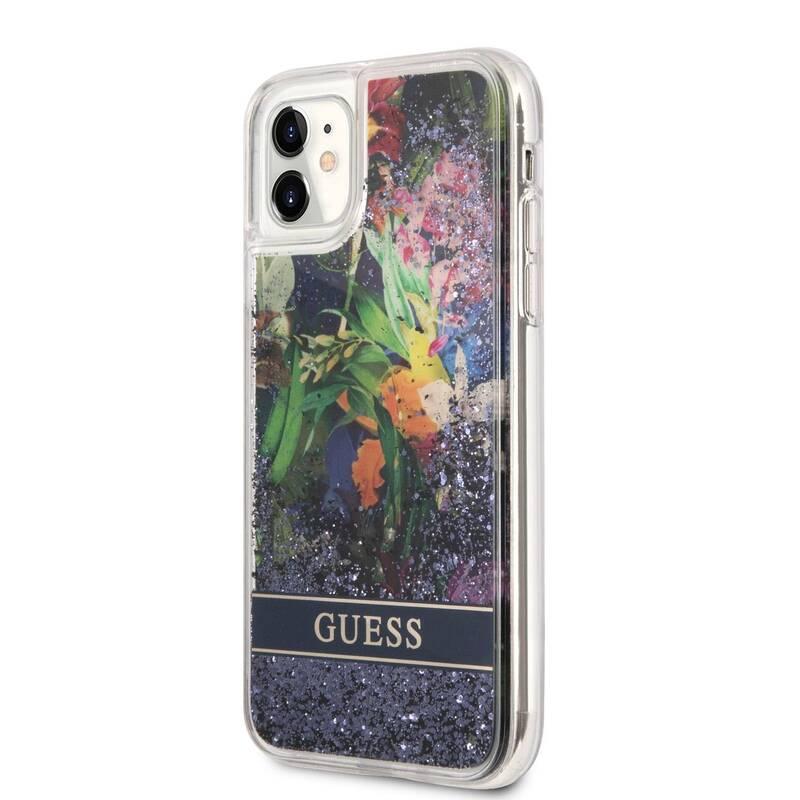 Kryt na mobil Guess Liquid Glitter Flower na Apple iPhone 11 modrý