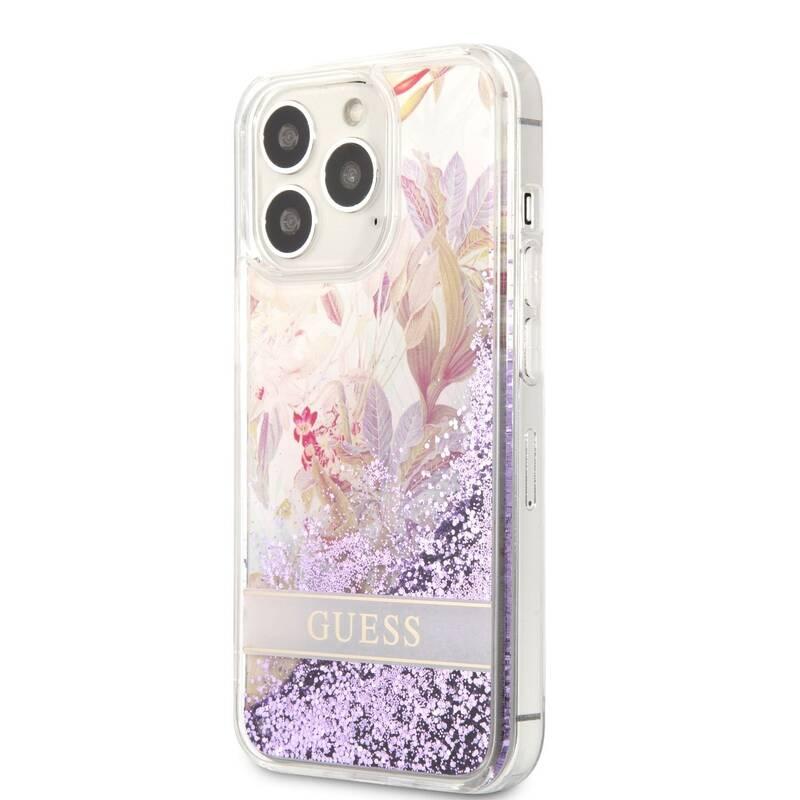 Kryt na mobil Guess Liquid Glitter Flower na Apple iPhone 13 Pro fialový