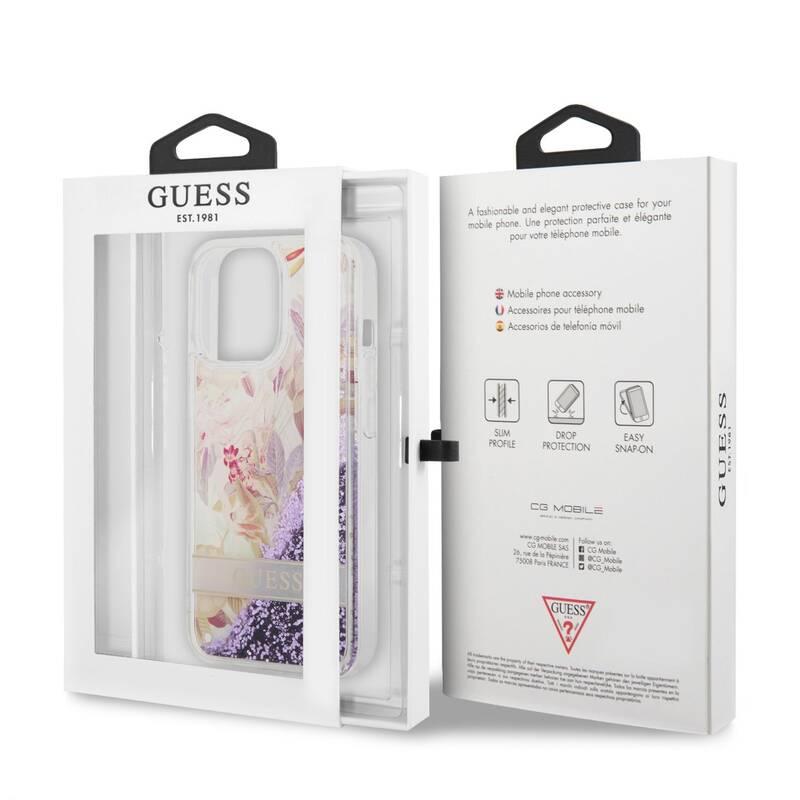 Kryt na mobil Guess Liquid Glitter Flower na Apple iPhone 13 Pro fialový