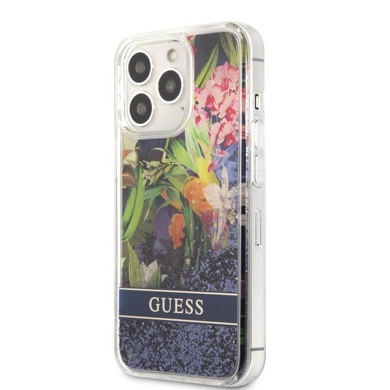 Kryt na mobil Guess Liquid Glitter Flower na Apple iPhone 13 Pro modrý
