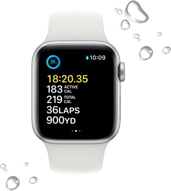 Chytré hodinky Apple Watch SE 2022 GPS 44mm pouzdro ze stříbrného hliníku - bílý sportovní řemínek