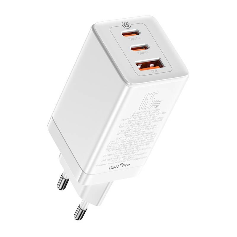 Nabíječka do sítě Baseus GaN3 2x USB-C, 1x USB 65 W kabel USB-C USB-C 100 W, 1 m bílá