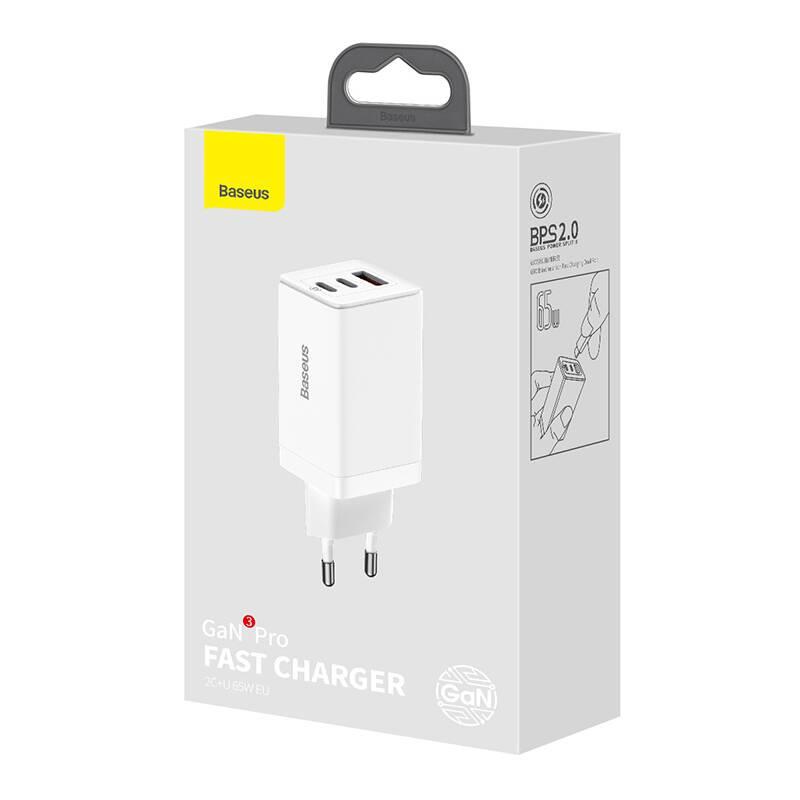Nabíječka do sítě Baseus GaN3 2x USB-C, 1x USB 65 W kabel USB-C USB-C 100 W, 1 m bílá