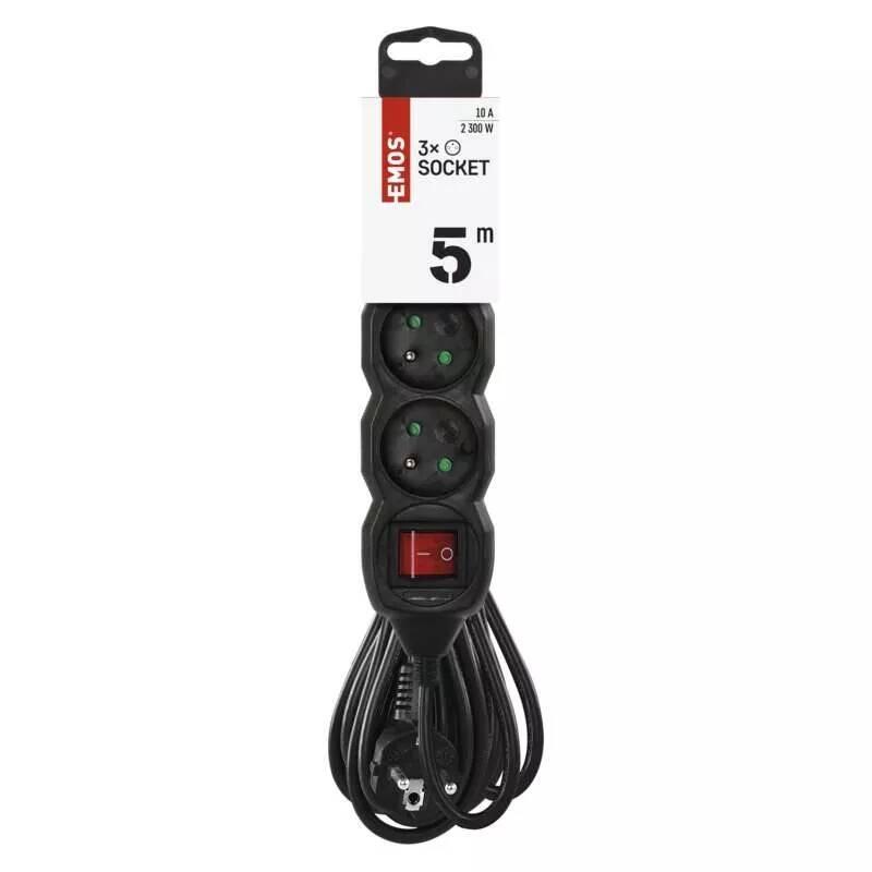 Kabel prodlužovací EMOS 3x zásuvka, vypínač, 5m černá