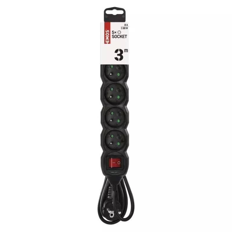 Kabel prodlužovací EMOS 5x zásuvka, vypínač, 3m černá, Kabel, prodlužovací, EMOS, 5x, zásuvka, vypínač, 3m, černá