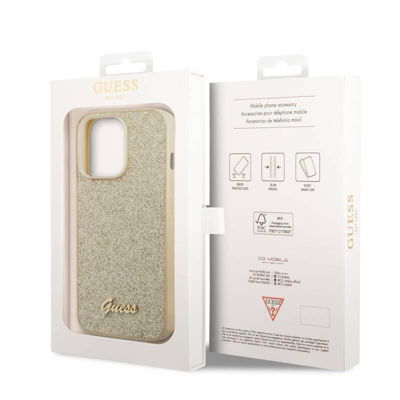 Kryt na mobil Guess Glitter Flakes Metal Logo na Apple iPhone 14 Pro Max zlatý
