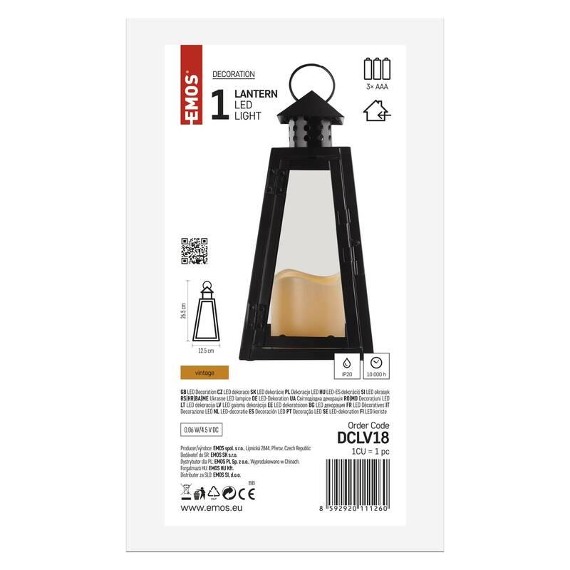 LED dekorace EMOS 1 LED lucerna černá hranatá, 26,5 cm, 3x AAA, vnitřní, vintage