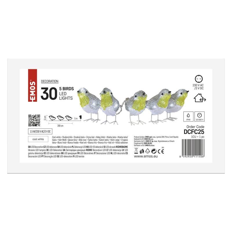 LED dekorace EMOS 30 LED ptáčci, 11 cm, venkovní i vnitřní, studená bílá