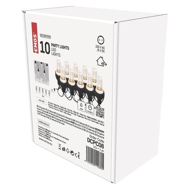 Párty osvětlení EMOS 10 LED řetěz - 10x párty žárovky, 4,5 m, venkovní i vnitřní, studená bílá