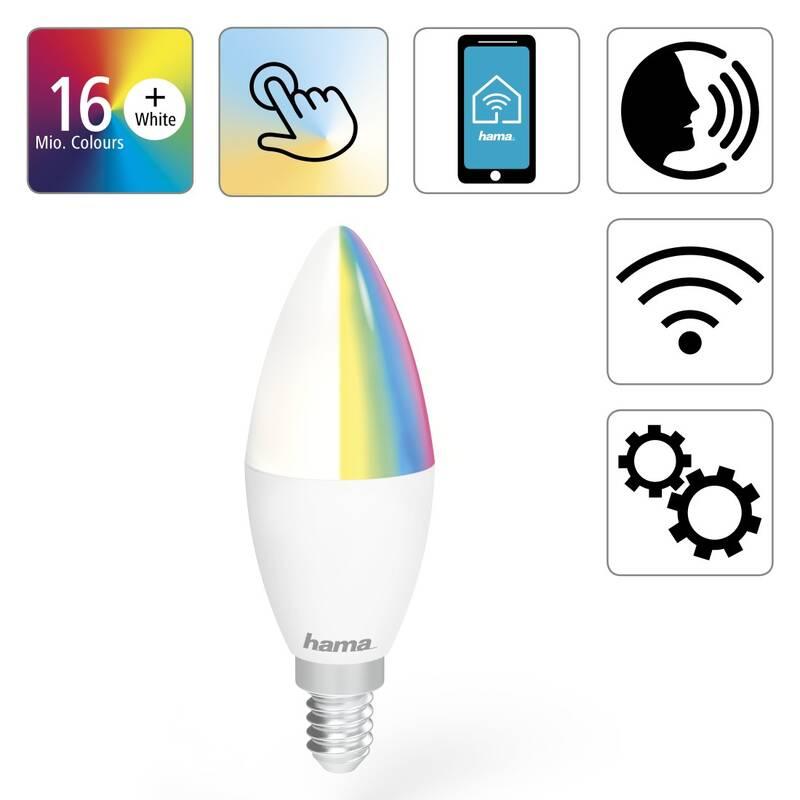 Chytrá žárovka Hama SMART WiFi LED E14, 5,5 W, RGBW, stmívatelná, Chytrá, žárovka, Hama, SMART, WiFi, LED, E14, 5,5, W, RGBW, stmívatelná