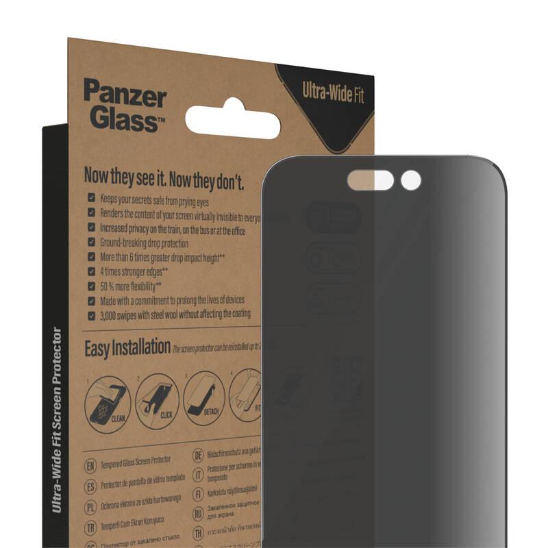 Tvrzené sklo PanzerGlass Privacy na Apple iPhone 14 Pro s instalačním rámečkem