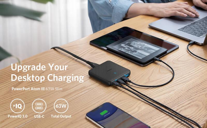 Nabíječka do sítě Anker PowerPort Atom III 63W Slim 1x USB-C 1xUSB-C 2xUSB-A černá, Nabíječka, do, sítě, Anker, PowerPort, Atom, III, 63W, Slim, 1x, USB-C, 1xUSB-C, 2xUSB-A, černá