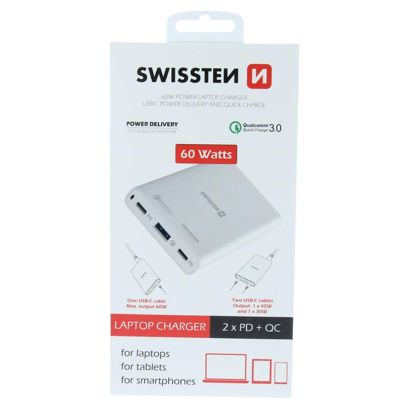 Nabíječka do sítě Swissten 60W, 2x USB-C, 1x USB-A bílá