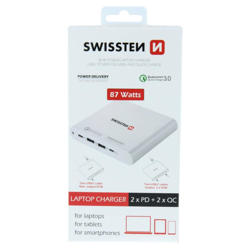 Nabíječka do sítě Swissten 87W, 2x USB-C, 2x USB-A bílá