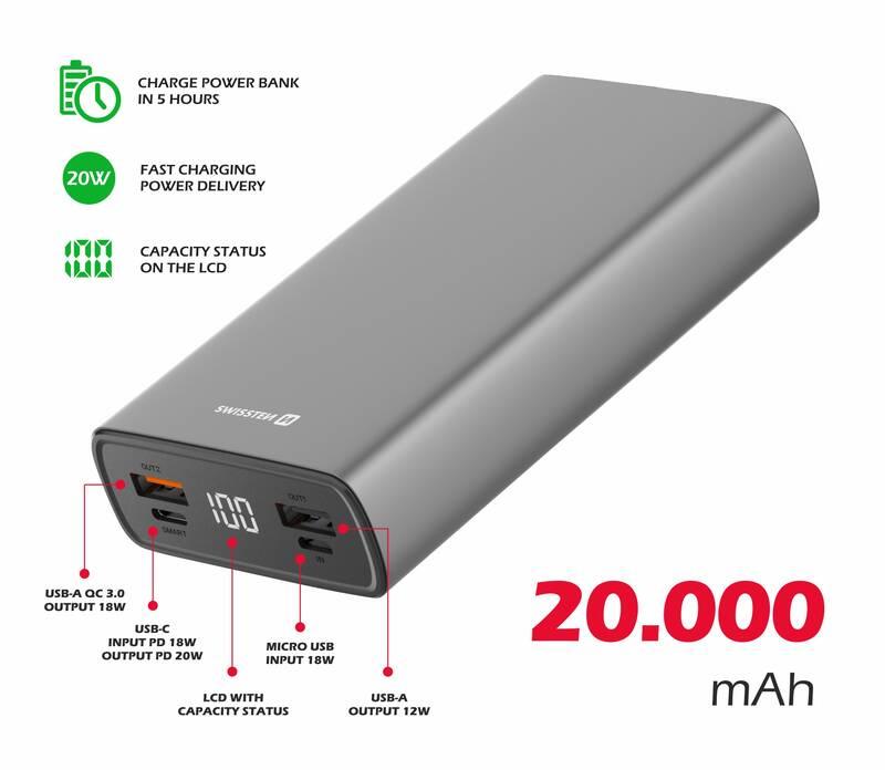 Powerbank Swissten Aluminium 20000 mAh 20W šedá, Powerbank, Swissten, Aluminium, 20000, mAh, 20W, šedá