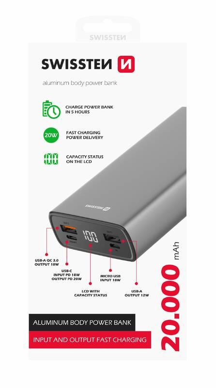 Powerbank Swissten Aluminium 20000 mAh 20W šedá