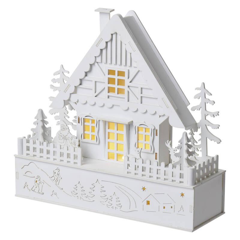 LED dekorace EMOS vánoční domek dřevěný, 28 cm, 2x AA, vnitřní, teplá bílá, časovač