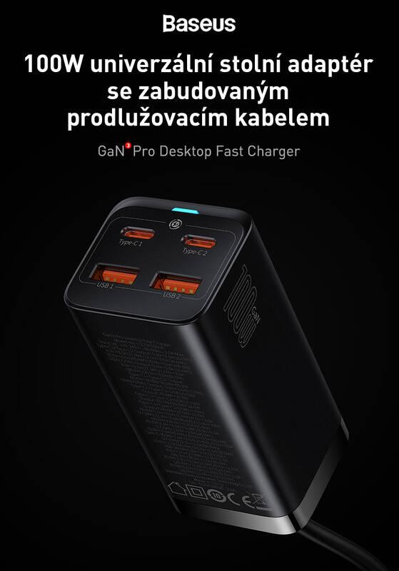 Nabíječka do sítě Baseus GaN3, 2x USB-A, 2x USB-C 100W černá