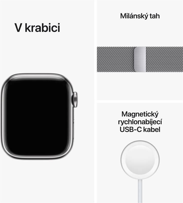 Chytré hodinky Apple Watch Series 8 GPS Cellular 45mm pouzdro ze stříbrné nerezové oceli - stříbrný milánský tah, Chytré, hodinky, Apple, Watch, Series, 8, GPS, Cellular, 45mm, pouzdro, ze, stříbrné, nerezové, oceli, stříbrný, milánský, tah