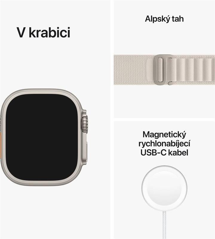 Chytré hodinky Apple Watch Ultra GPS Cellular, 49mm pouzdro z titanu - hvězdně bílý alpský tah - M, Chytré, hodinky, Apple, Watch, Ultra, GPS, Cellular, 49mm, pouzdro, z, titanu, hvězdně, bílý, alpský, tah, M