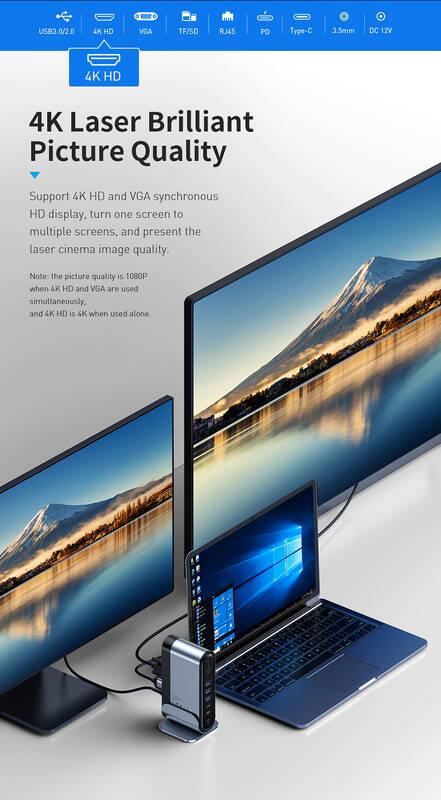 Dokovací stanice Baseus 16v1 pro promítání 3 obrazovek s USB-C šedá