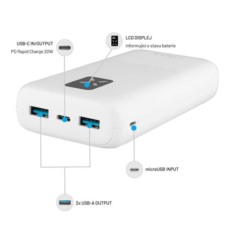 Powerbank FIXED Zen 20 s LCD displejem a výstupem PD 20W, 20 000 mAh bílá