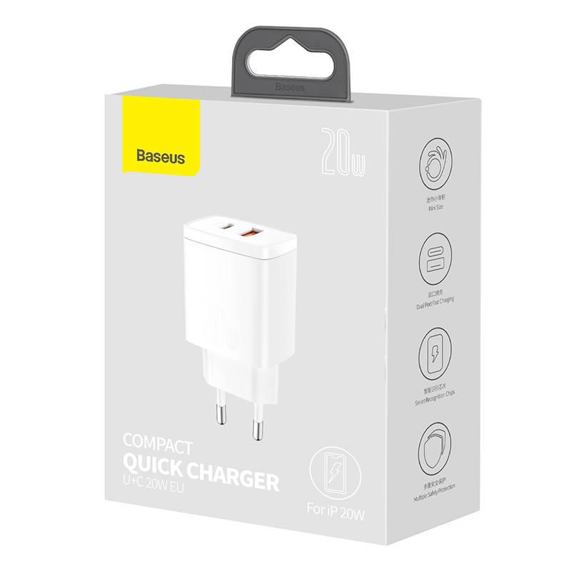 Nabíječka do sítě Baseus USB-A, USB-C, 20 W bílá, Nabíječka, do, sítě, Baseus, USB-A, USB-C, 20, W, bílá