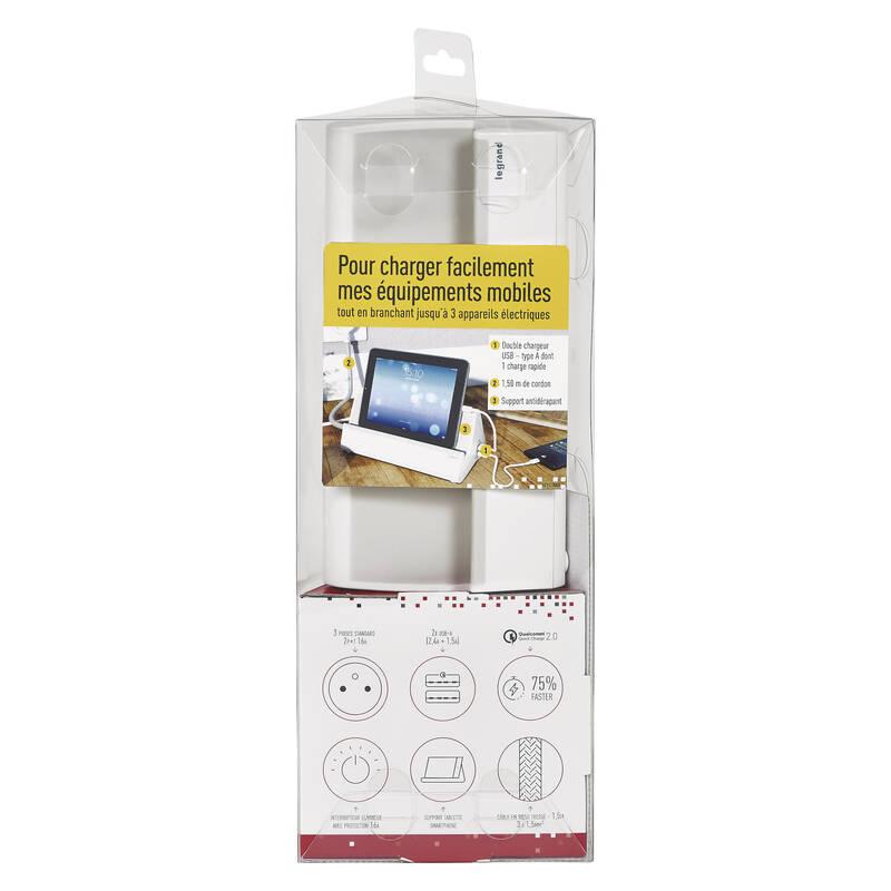 Kabel prodlužovací Legrand 3x zásuvka, USB, 1,5m šedý bílý
