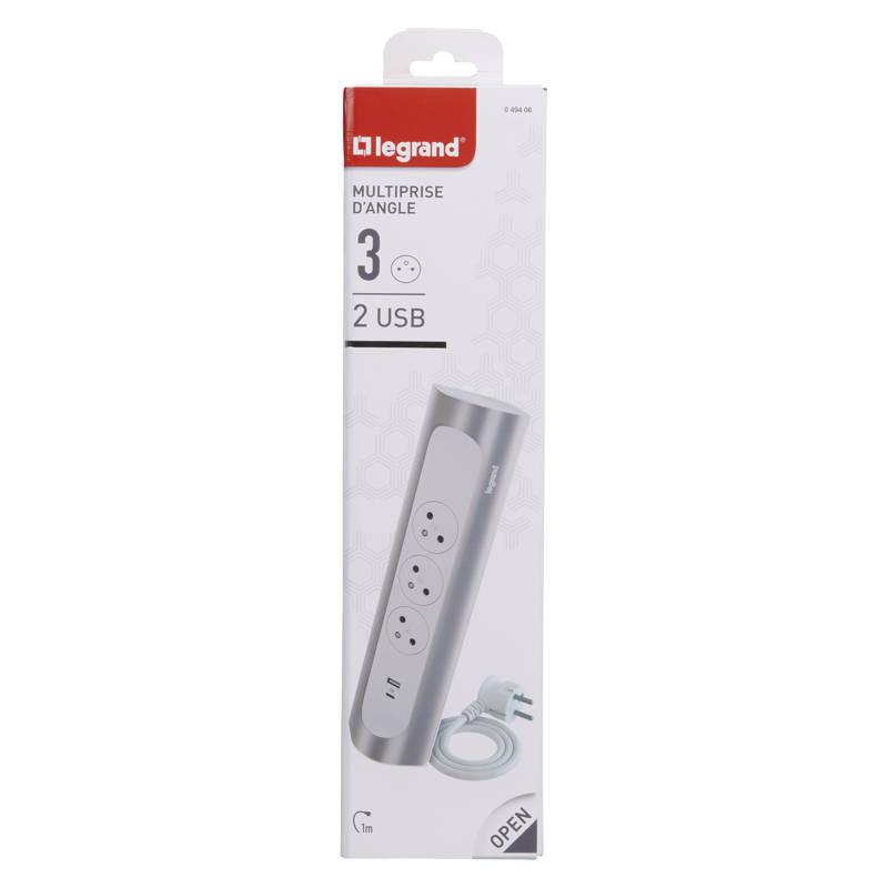 Kabel prodlužovací Legrand 3x zásuvka, USB, 1m bílý hliník
