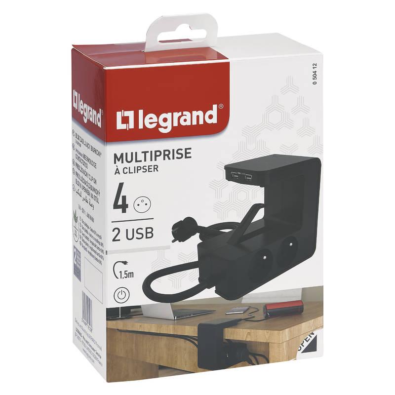 Kabel prodlužovací Legrand 4x zásuvka, USB, 1,5m černý