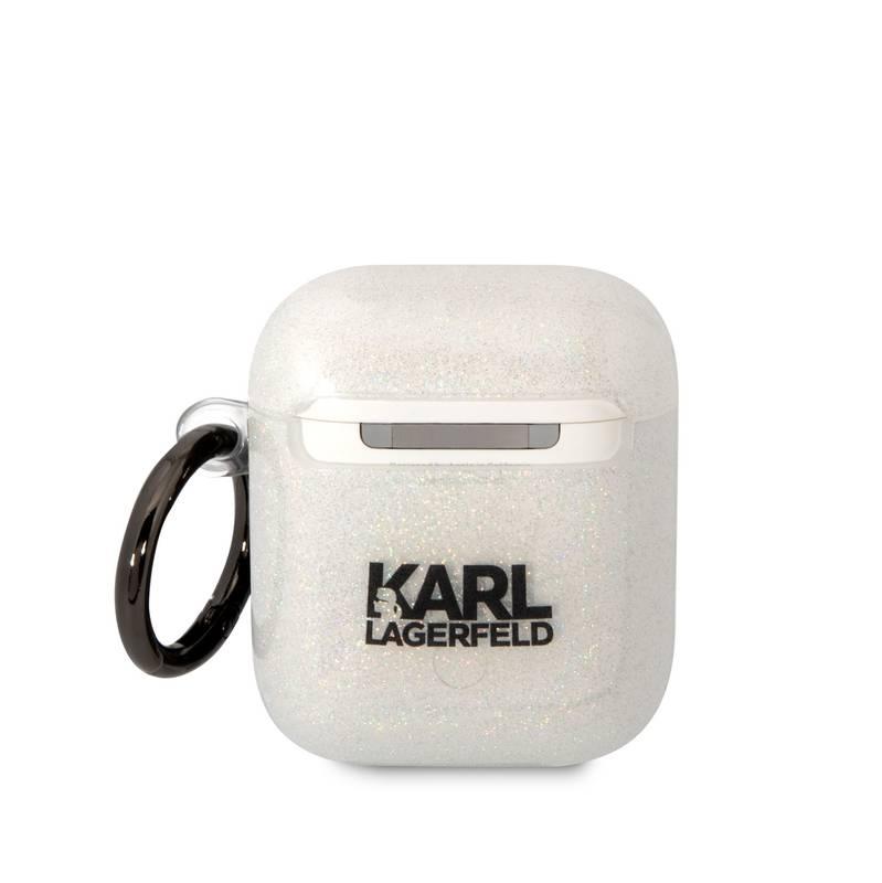 Pouzdro Karl Lagerfeld 3D Logo NFT Karl and Choupette Glitter na Airpods 1 2 bílé