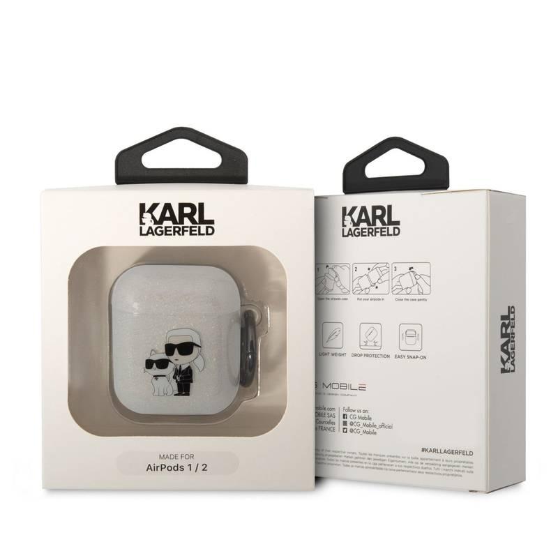 Pouzdro Karl Lagerfeld 3D Logo NFT Karl and Choupette Glitter na Airpods 1 2 bílé
