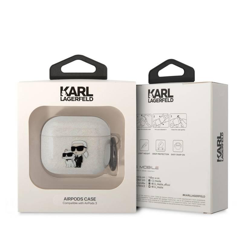 Pouzdro Karl Lagerfeld 3D Logo NFT Karl and Choupette Glitter na Airpods 3 bílé