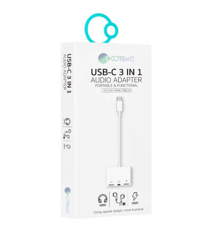 Redukce COTECi 3v1 USB-C Jack 3,5mm, 2x USB-C bílá