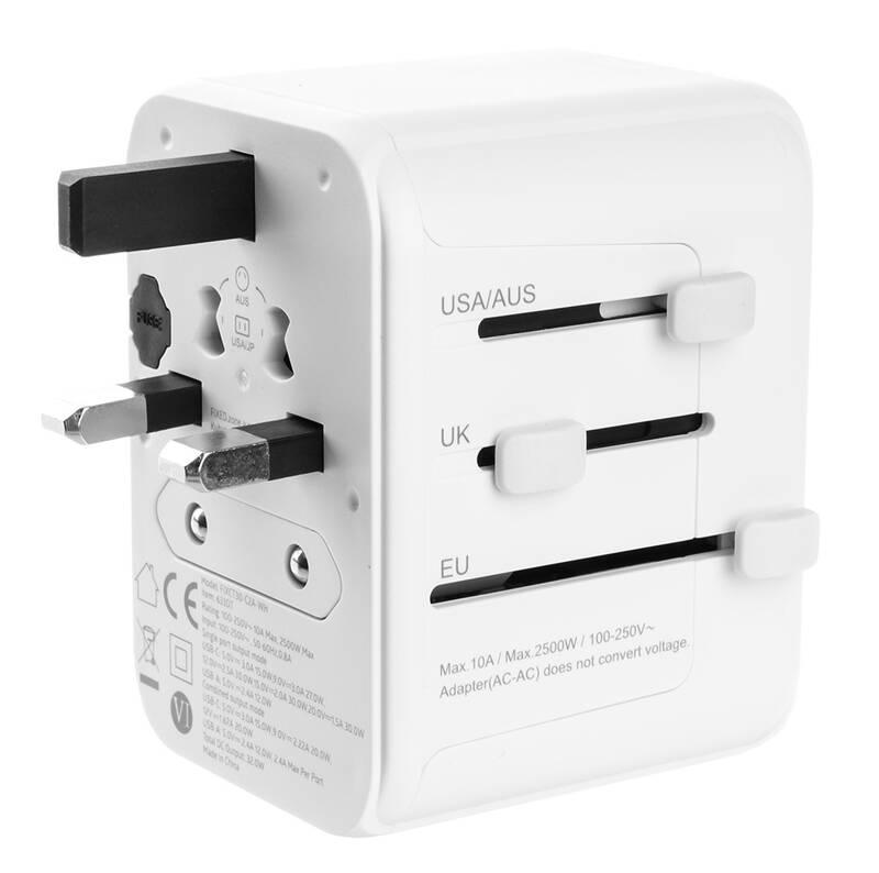 Cestovní adaptér FIXED pro EU, UK a USA AUS, s 1xUSB-C a 2xUSB výstupem, GaN, PD 30W bílý