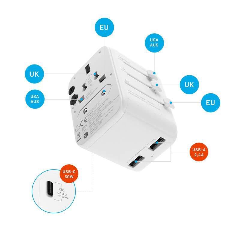 Cestovní adaptér FIXED pro EU, UK a USA AUS, s 1xUSB-C a 2xUSB výstupem, GaN, PD 30W bílý