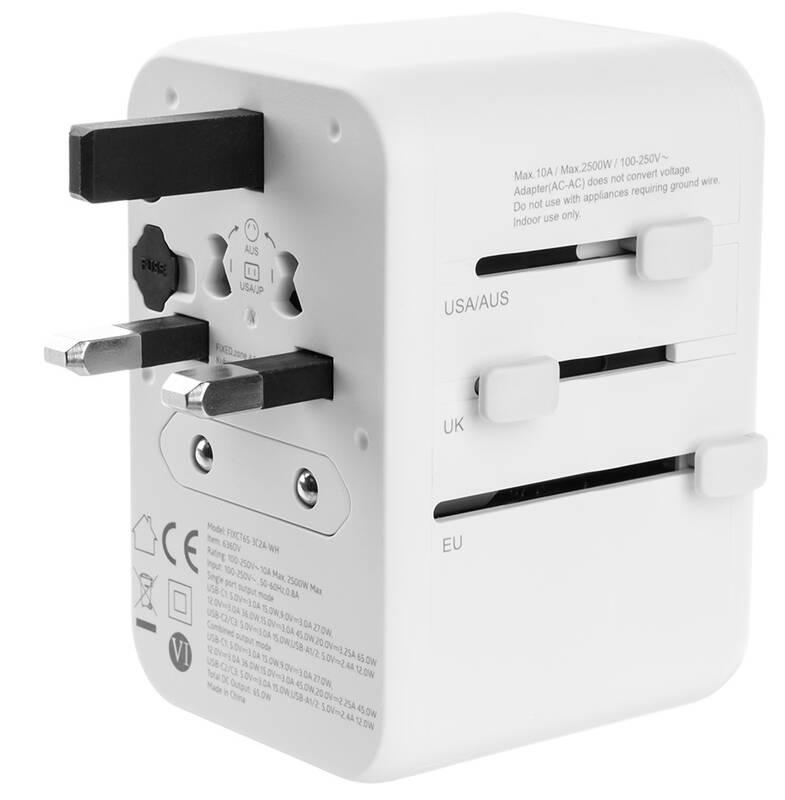 Cestovní adaptér FIXED pro EU, UK a USA AUS, s 3xUSB-C a 2xUSB výstupem, GaN, PD 65W bílý