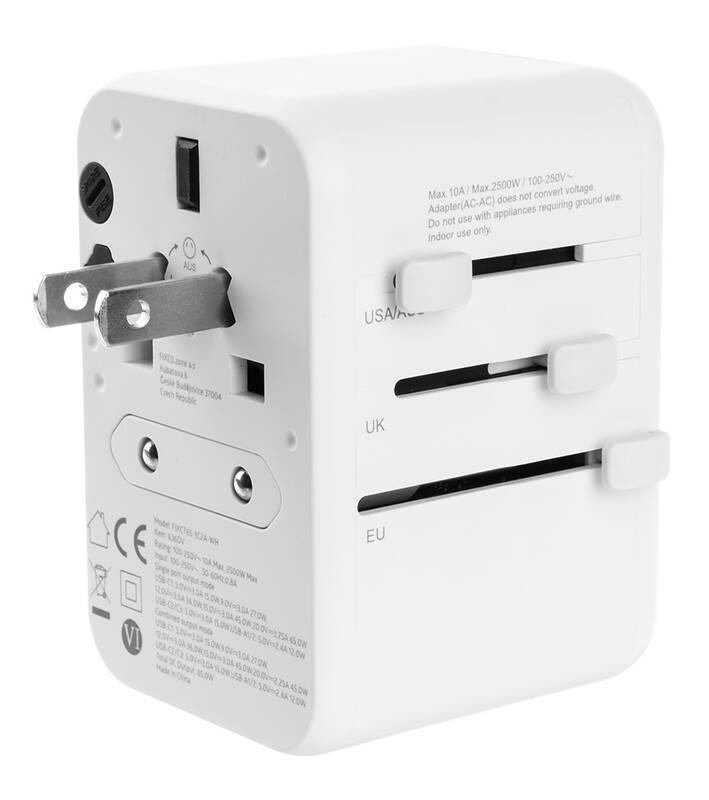 Cestovní adaptér FIXED pro EU, UK a USA AUS, s 3xUSB-C a 2xUSB výstupem, GaN, PD 65W bílý, Cestovní, adaptér, FIXED, pro, EU, UK, a, USA, AUS, s, 3xUSB-C, a, 2xUSB, výstupem, GaN, PD, 65W, bílý