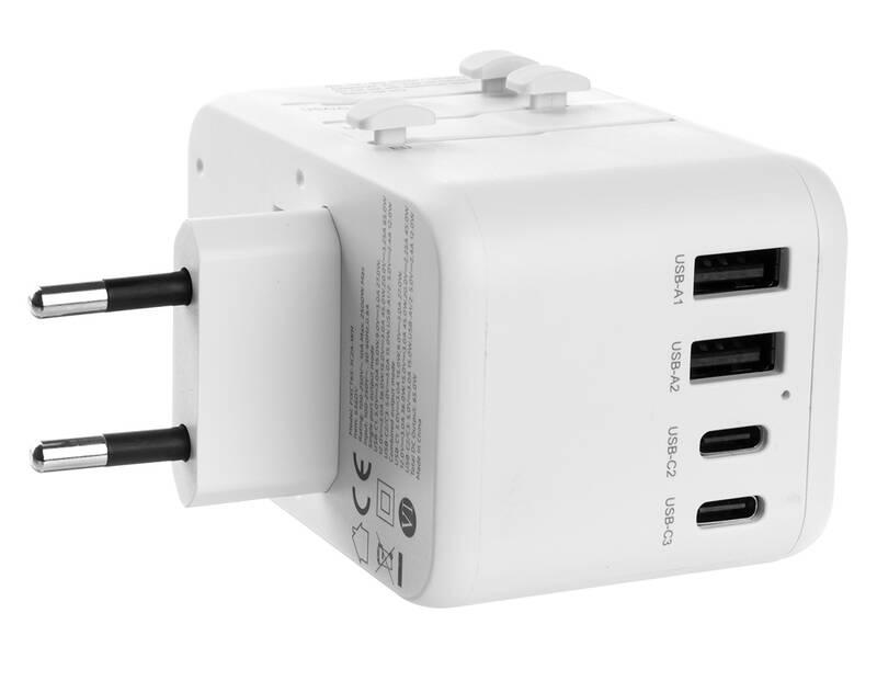 Cestovní adaptér FIXED pro EU, UK a USA AUS, s 3xUSB-C a 2xUSB výstupem, GaN, PD 65W bílý