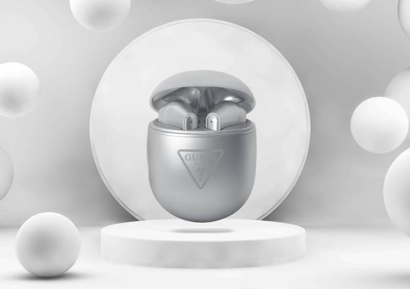 Sluchátka Guess True Wireless Triangle Logo BT5.2 4H Stereo stříbrná