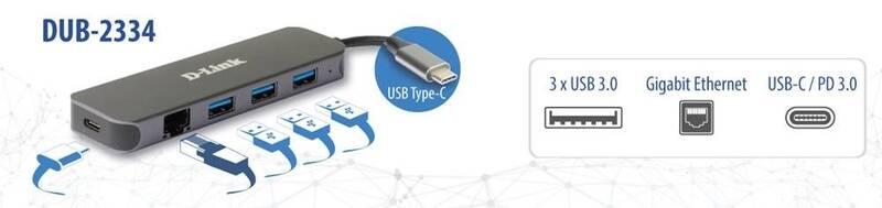 USB Hub D-Link 5v1 z USB-C na Gigabit Ethernet a funkcí Power Delivery šedý