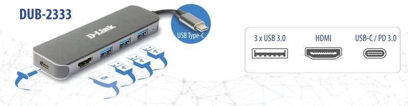 USB Hub D-Link 5v1 z USB-C na HDMI a funkcí Power Delivery šedý