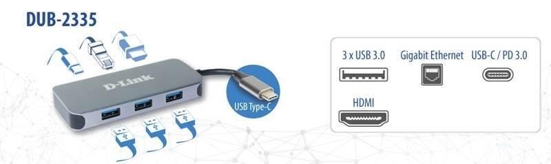 USB Hub D-Link 6v1 z USB-C na HDMI, Gigabit ethernet a Power Delivery šedý