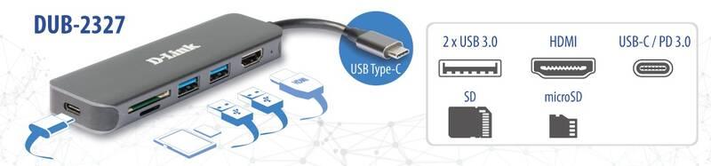 USB Hub D-Link 6v1 z USB-C na HDMI se čtečkou SD microSD karet a funkcí Power Delivery šedý
