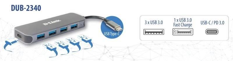 USB Hub D-Link USB-C na 4x USB 3.0 s funkcí Power Delivery šedý