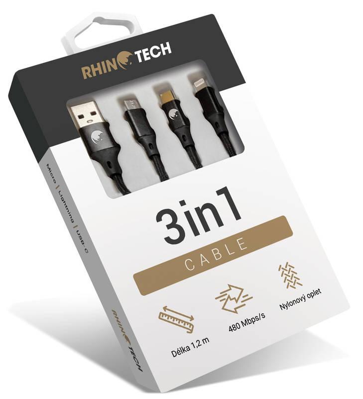 Kabel RhinoTech 3v1, USB Micro USB, Lightning, USB-C, 1,2 m černý