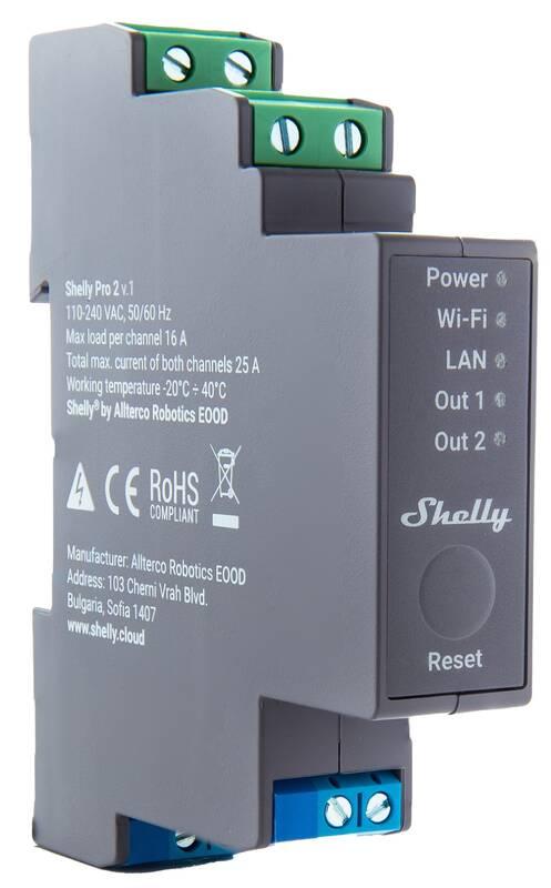 Modul Shelly Pro 2, 2x 16A na DIN lištu, Wi-Fi, LAN