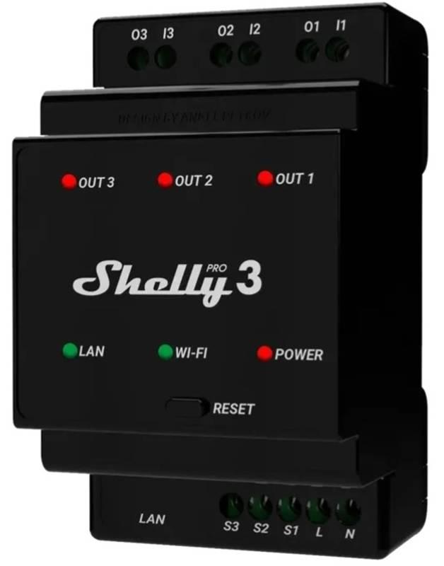 Modul Shelly Pro 3, 3x 16A na DIN lištu, Wi-Fi, LAN