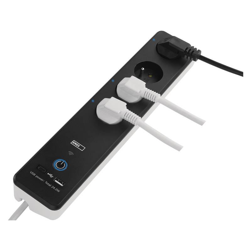 Kabel prodlužovací EMOS GoSmart 4x zásuvka, s vypínačems, USB a Wi-Fi, 2m černý bílý